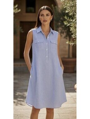 J.MCLAUGHLIN Women’s Sleeveless Wellesley Striped Linen Shift Dress In Blue-Med